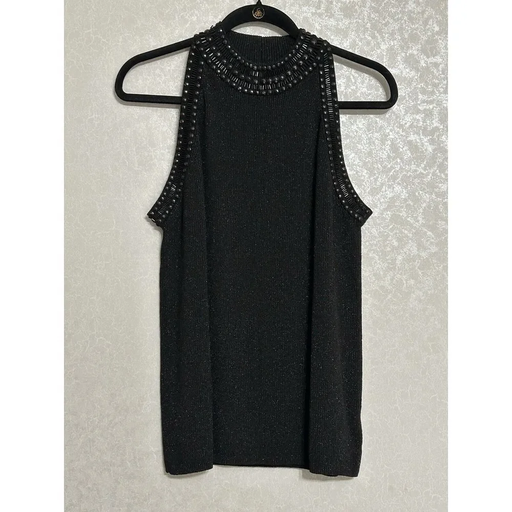 Carmen Black Metallic Sparkle Cardigan & Beaded Neckline Halter Top 2 Piece XL - Picture 3 of 7